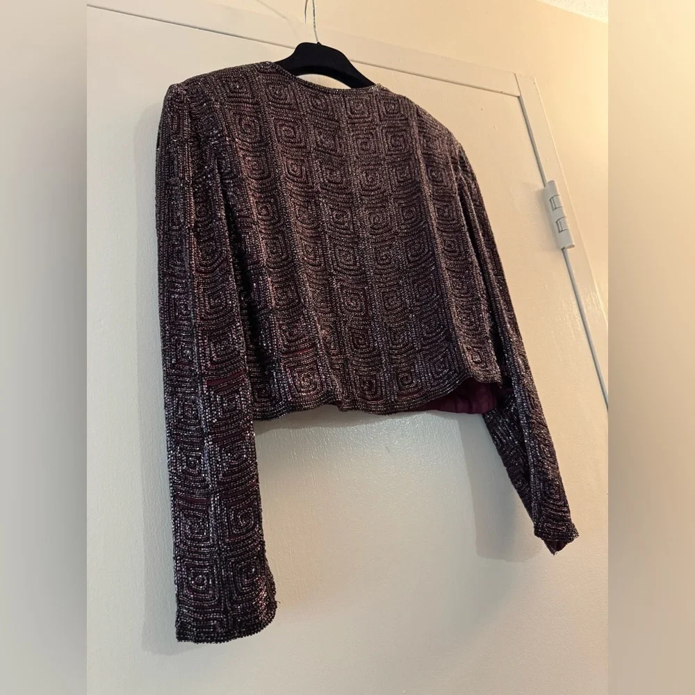 Adrianna PAPELL BOUTIQUE EVENING BEADED & SILK STUNNING JACKET Burgundy Small